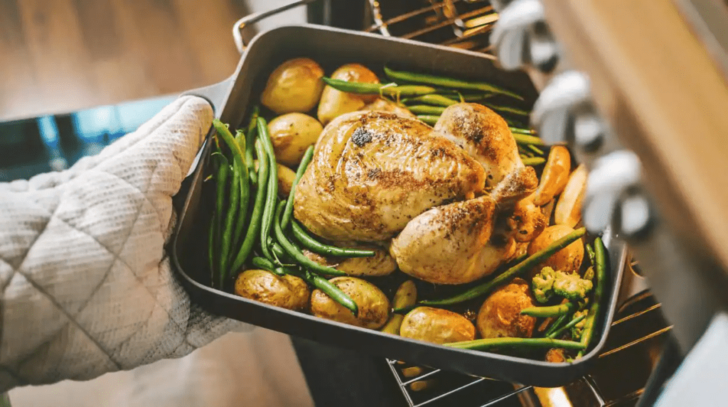 pollo al horno con papas y chauchas